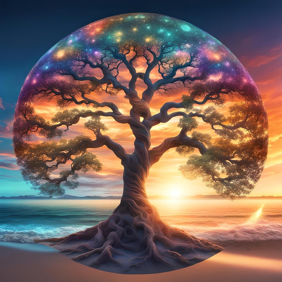 ai generated, tree of life, beach, tree, life, rays of light, light, energy, nature, sun, colorful, sunset